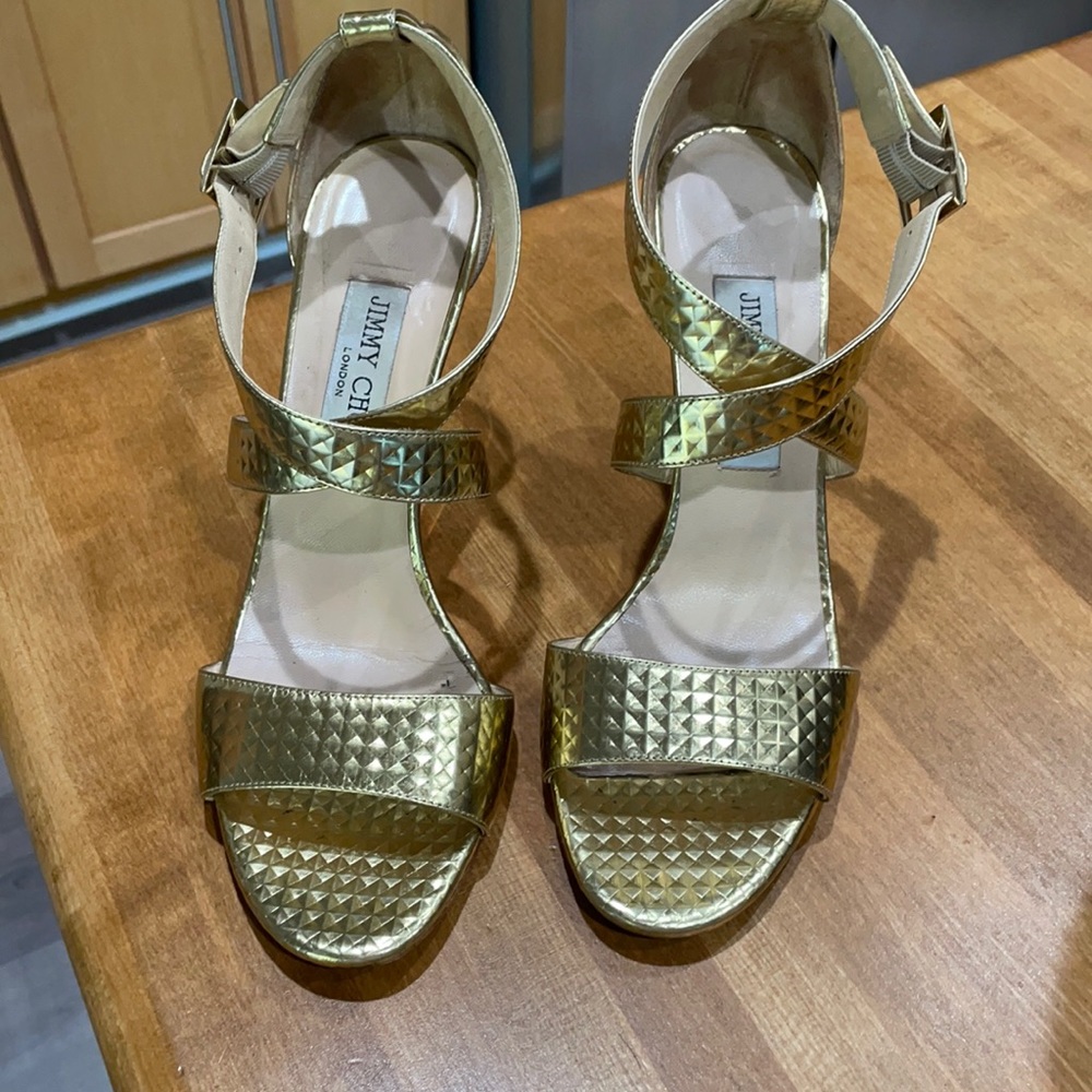 Jimmy Choo gold wedge sandals size 38.5